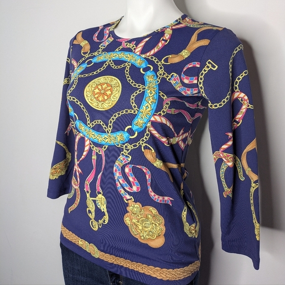 J McLaughlin Blue Yellow 3/4 Sleeve Top XS - Picture 2 of 9